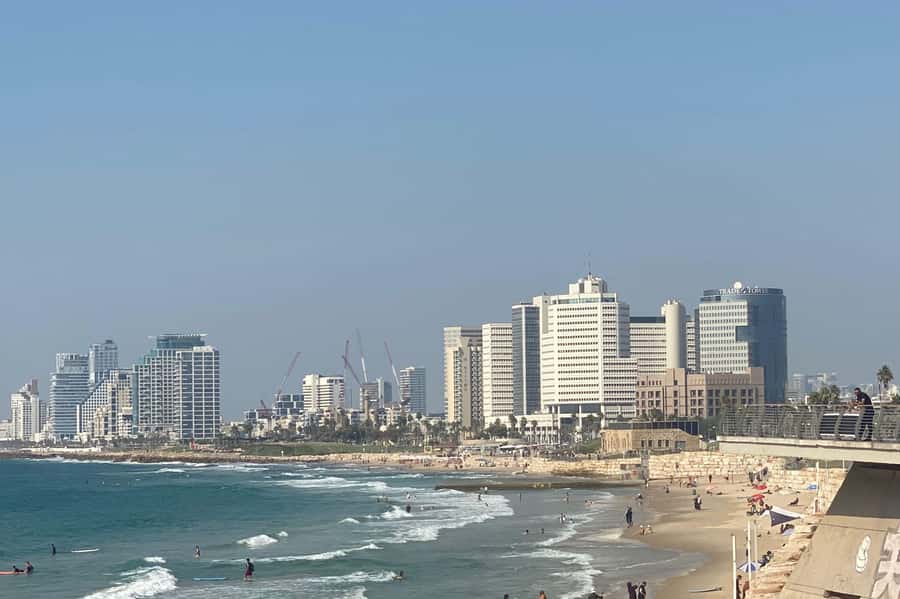 Jaffa: Old City, Port & Shuk Hapishpishim Walking Tour - Jaffa Port and the Tel Aviv skyline